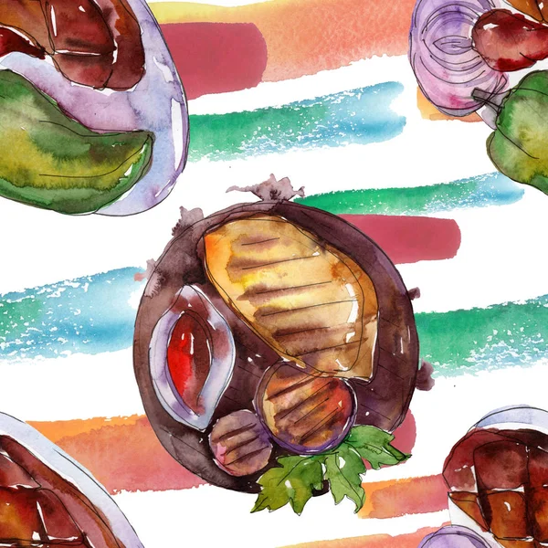 Bistecca grigliata cibo gustoso. Acquerello sfondo illustrazione set. Modello di sfondo senza soluzione di continuità . — Foto Stock