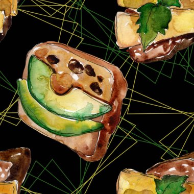 Bir suluboya tarzında sandviç. Suluboya lokanta illüstrasyon öğesi. Sorunsuz arka plan deseni.