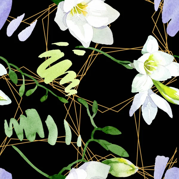 Beyaz frezya çiçekli botanik çiçekleri. Suluboya arkaplan çizimi. Kusursuz arkaplan deseni. — Stok fotoğraf