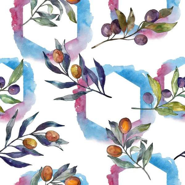 Siyah ve yeşil meyveli zeytin dalı. Suluboya arka plan illüstrasyon seti. Kesintisiz arka plan deseni.
