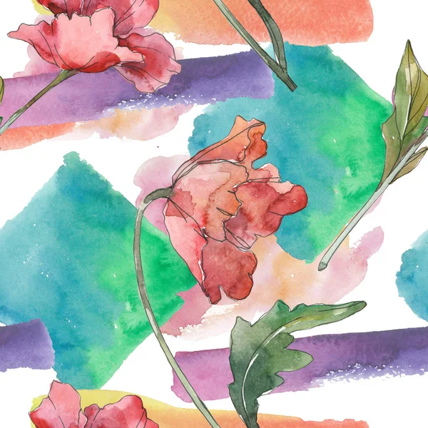 Flores botánicas florales de amapola roja y morada. Conjunto de ilustración de fondo acuarela. Patrón de fondo sin costuras . — Foto de Stock