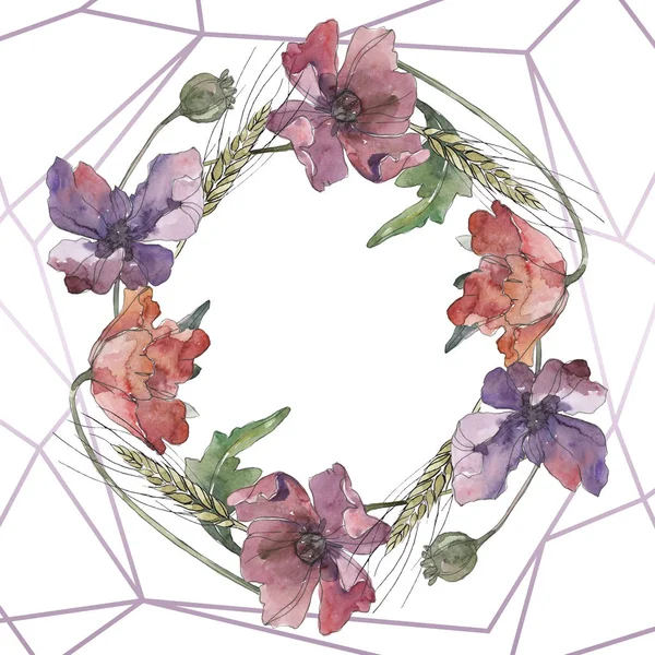 Rote und lila Mohn Blumen botanische Blumen. Aquarell-Hintergrund-Illustration-Set. Rahmen Rahmen Ornament Quadrat. — Stockfoto