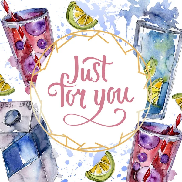 Taze ve soğuk alkolsüz içecekler. Suluboya arka plan illüstrasyon seti. Çerçeve kenar kristal süs kare.