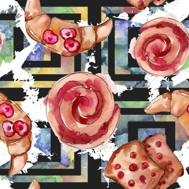 Suluboya tarzı gıda lezzetli kek ve çörek. Suluboya illüstrasyon seti. Kesintisiz arka plan deseni.