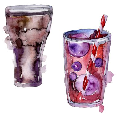 Taze ve soğuk alkolsüz içecekler. Suluboya arka plan illüstrasyon seti. İzole içecek illüstrasyon elemanı.