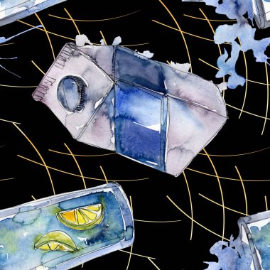 Taze ve soğuk alkolsüz içecekler. Suluboya arka plan illüstrasyon seti. Kesintisiz arka plan deseni.