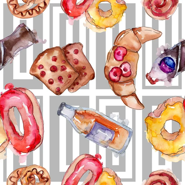 Tasty cake and bun in a watercolor style food. Watercolour illustration set. Seamless background pattern. — Stock Photo, Image