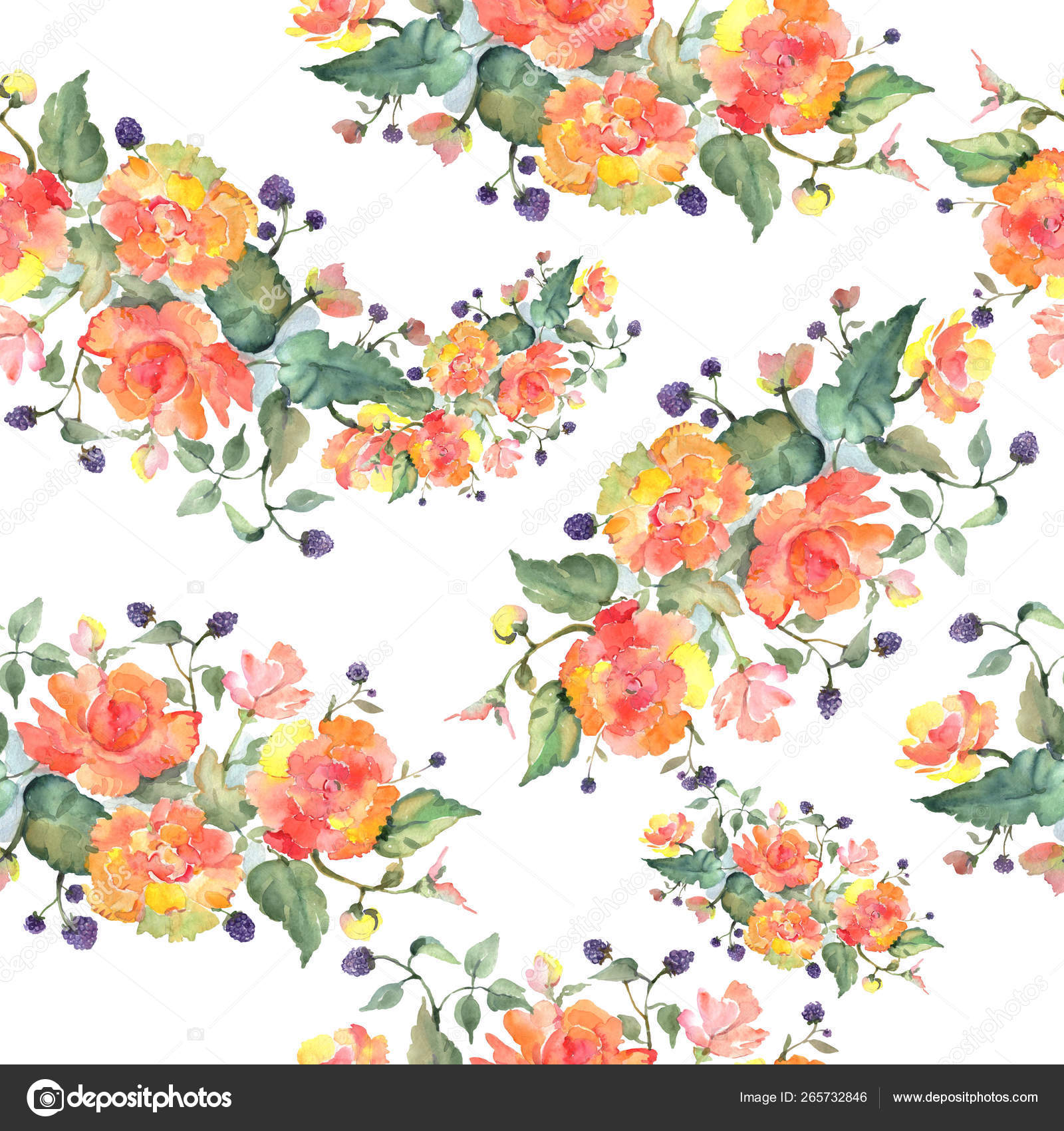 橙玫瑰花束花植物花 水彩背景插图集 无缝背景模式 图库照片 C Mystocks