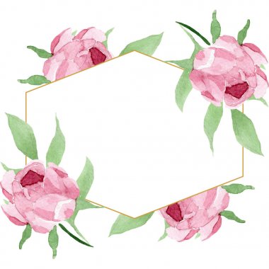 Koyu kırmızı şakayık çiçek botanik çiçekler. Suluboya arka plan illüstrasyon seti. Çerçeve kenarlık süs karesi.