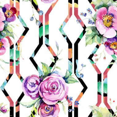 Pembe gül buketi loral botanik çiçekler. Suluboya arka plan illüstrasyon seti. Kesintisiz arka plan deseni.