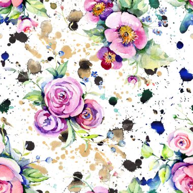 Pembe gül buketi loral botanik çiçekler. Suluboya arka plan illüstrasyon seti. Kesintisiz arka plan deseni.