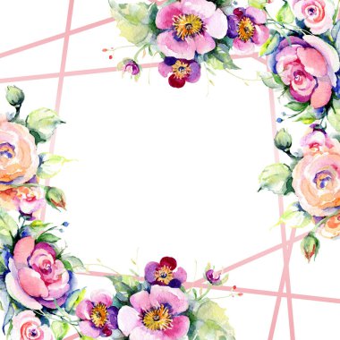 Pembe gül buketi loral botanik çiçekler. Suluboya arka plan illüstrasyon seti. Çerçeve kenarlık süs karesi.