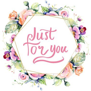 Pembe gül buketi loral botanik çiçekler. Suluboya arka plan illüstrasyon seti. Çerçeve kenarlık süs karesi.