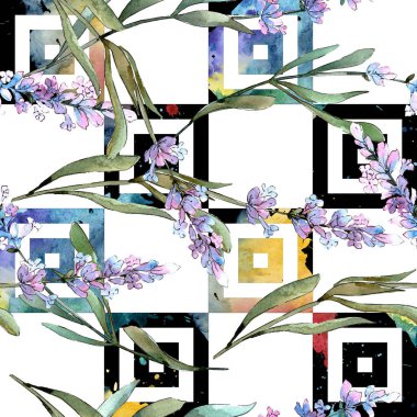 Mavi mor lavanta çiçek botanik çiçekler. Suluboya arka plan illüstrasyon seti. Kesintisiz arka plan deseni.