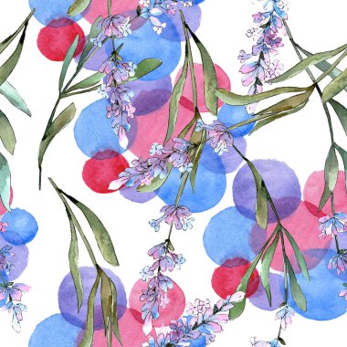 Mavi mor lavanta çiçek botanik çiçekler. Suluboya arka plan illüstrasyon seti. Kesintisiz arka plan deseni.