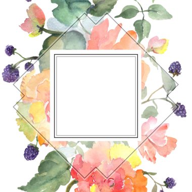 Portakal gül buketi çiçek botanik çiçekler. Suluboya arka plan illüstrasyon seti. Çerçeve kenarlık süs karesi.