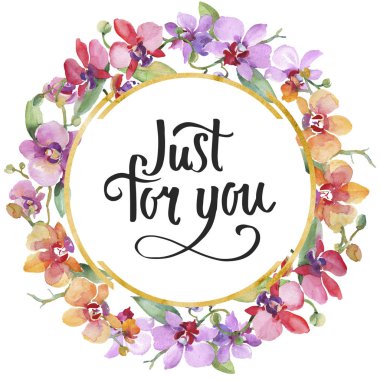 Orkide buketleri çiçek botanik çiçekler. Suluboya arka plan illüstrasyon seti. Çerçeve kenarlık süs karesi.