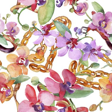 Orkide buketleri çiçek botanik çiçekler. Suluboya arka plan illüstrasyon seti. Kesintisiz arka plan deseni.