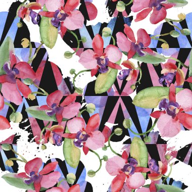 Orkide buketleri çiçek botanik çiçekler. Suluboya arka plan illüstrasyon seti. Kesintisiz arka plan deseni.