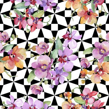 Orkide buketleri çiçek botanik çiçekler. Suluboya arka plan illüstrasyon seti. Kesintisiz arka plan deseni.