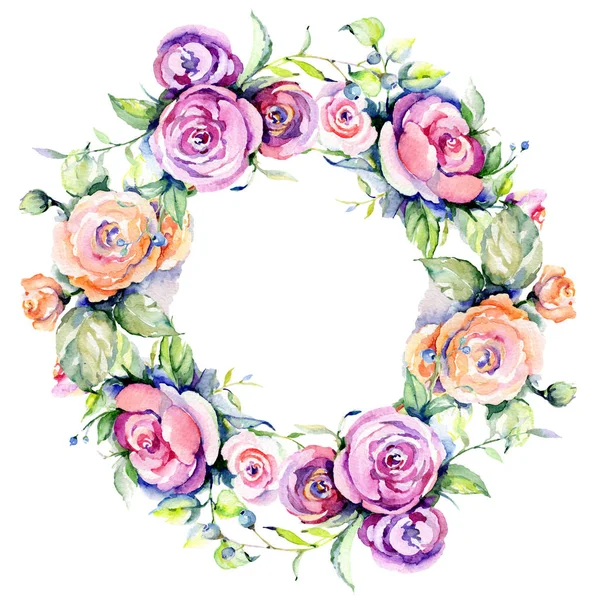 Ramo de rosas rosas flores botánicas lorales. Conjunto de ilustración de fondo acuarela. Marco borde ornamento cuadrado . — Foto de Stock