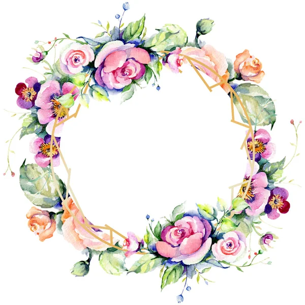 Rosa rosa buquê loral flores botânicas. Conjunto de ilustração de fundo aquarela. Quadro borda ornamento quadrado . — Fotografia de Stock