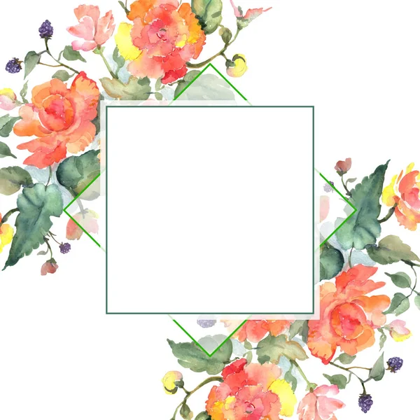 Apelsin ros bukett blommiga botaniska blommor. Akvarell bakgrund illustration uppsättning. Ram kant prydnad kvadrat. — Stockfoto