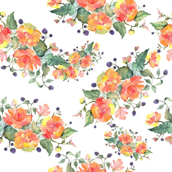 橙玫瑰花束花植物花。水彩背景插图集。无缝背景模式. — 图库照片