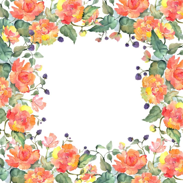 Fiori botanici floreali rosa arancio bouquet. Acquerello sfondo illustrazione set. Quadrato ornamento bordo cornice . — Foto Stock