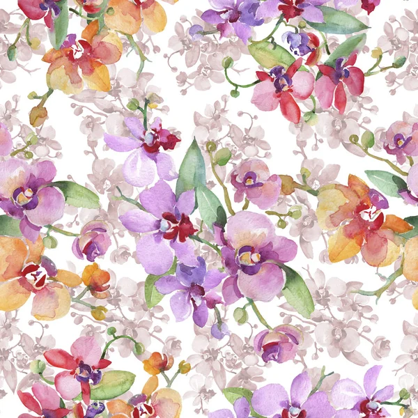 Ramos de orquídeas flores botánicas florales. Conjunto de ilustración de fondo acuarela. Patrón de fondo sin costuras . — Foto de Stock