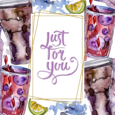 Taze ve soğuk alkolsüz içecekler. Suluboya arka plan illüstrasyon seti. Çerçeve kenar kristal süs kare.