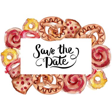 Suluboya tarzı gıda lezzetli çörekler. Suluboya arka plan illüstrasyon seti. Çerçeve kenarlık süs karesi.