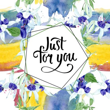 Mavi fuşya çiçek botanik çiçekleri. Suluboya arka plan illüstrasyon seti. Çerçeve kenarlık süs karesi.