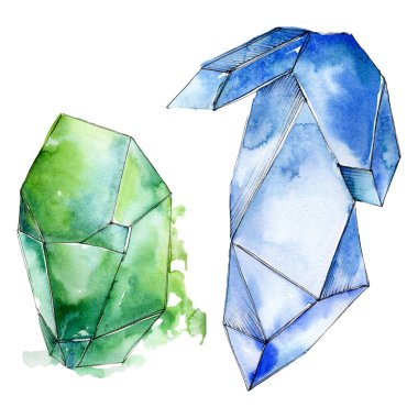 Renkli elmas taş takı mineraller. Suluboya arka plan ayarlamak. İzole kristal illüstrasyon öğesi.