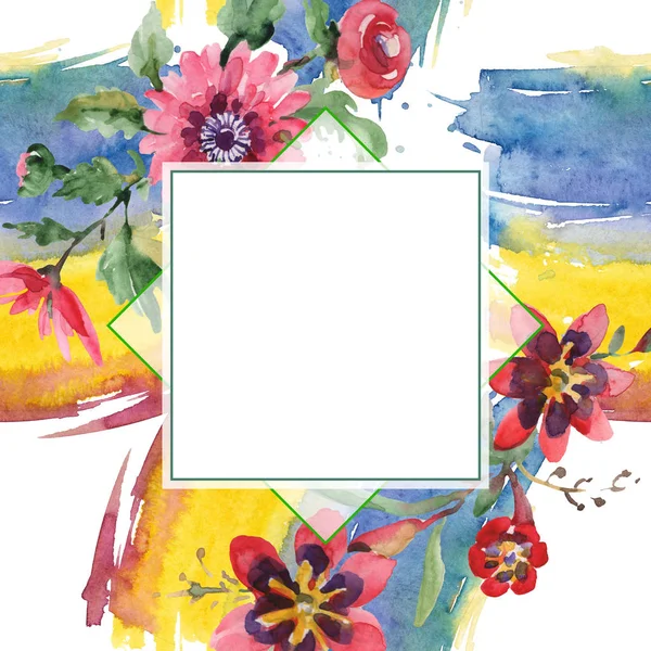 Boeketten bloemen botanische bloemen. Aquarel achtergrond afbeelding instellen. Frame grens ornament vierkant. — Stockfoto