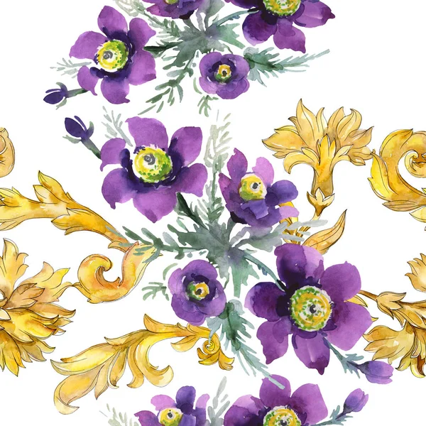 Μπουκέτα λουλουδιών βοτανικό λουλούδια. Ακουαρέλα φόντο εικόνα σύνολο. Απρόσκοπτη υπόβαθρο μοτίβο. — Φωτογραφία Αρχείου