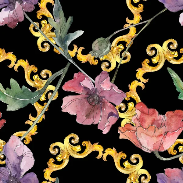 Flores botánicas florales de amapola roja y morada. Conjunto de ilustración de fondo acuarela. Patrón de fondo sin costuras . —  Fotos de Stock