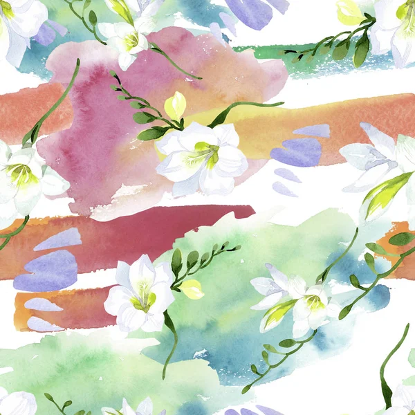 White freesia floral botanical flowers. Watercolor background illustration set. Seamless background pattern. — 스톡 사진