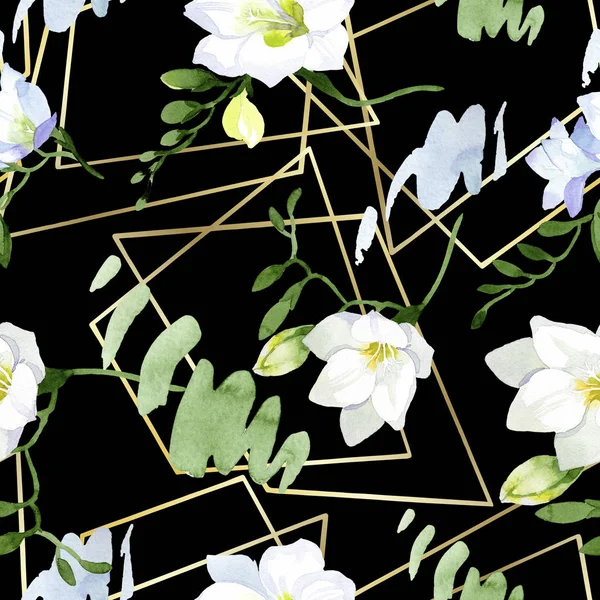 Bílé frézie květinové botanické květiny. Ilustrace pozadí akvarelu. Bezproblémové pozadí vzor. — Stock fotografie