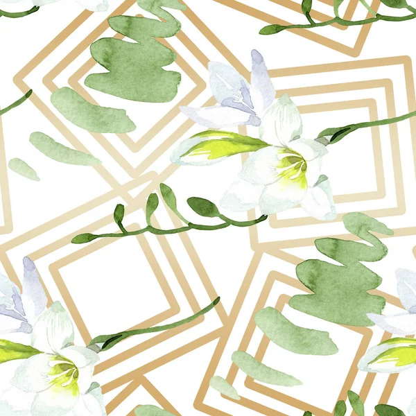Λευκό freesia λουλούδια βοτανικό. Ακουαρέλα σύνολο εικονογράφησης φόντου. Χωρίς ραφή μοτίβο φόντου. — Φωτογραφία Αρχείου
