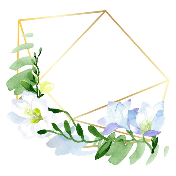 Branco freesia flores botânicas florais. Conjunto de ilustração de fundo aquarela. Quadro borda ornamento quadrado . — Fotografia de Stock