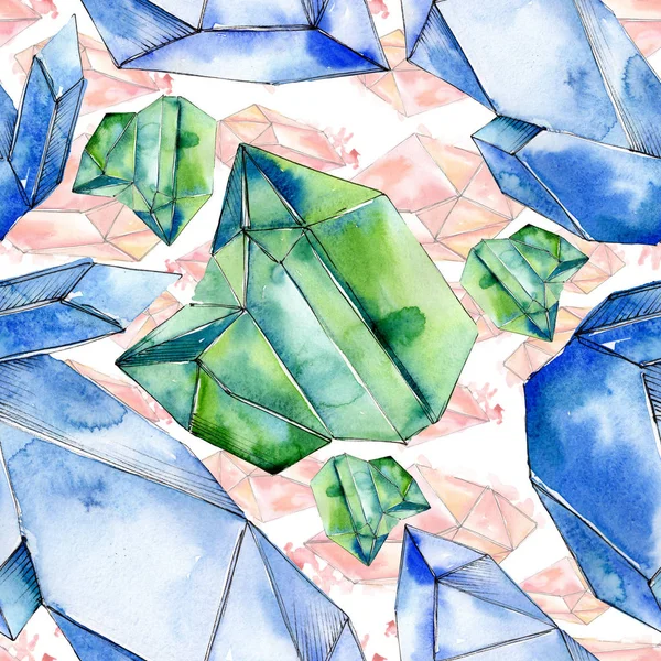 Colorati minerali gioielli diamante roccia. Acquerello cristallo pietra sfondo set. Modello di sfondo senza soluzione di continuità . — Foto Stock