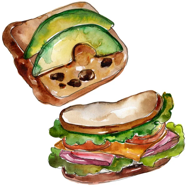 Sandwich en un estilo acuarela aislado. Acuarela elemento de ilustración de comida rápida sobre fondo blanco . — Foto de Stock