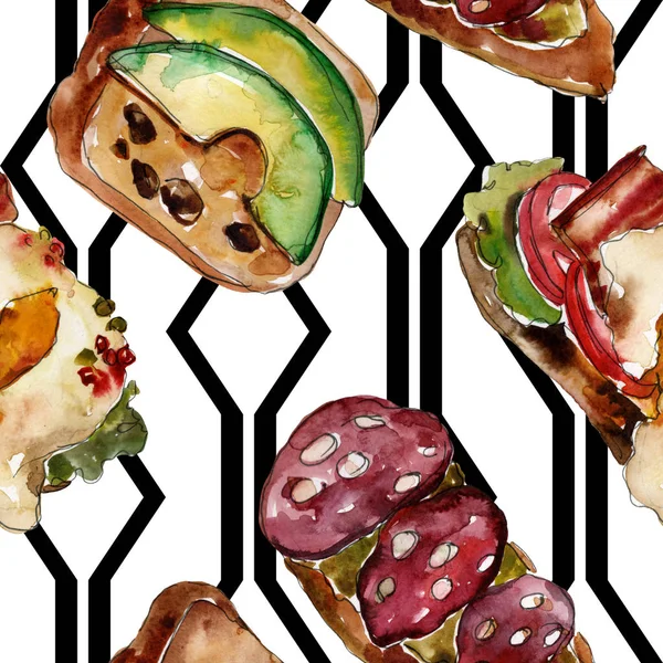 Sandwich en un estilo acuarela. Acuarela elemento ilustrativo de comida rápida. Patrón de fondo sin costuras . — Foto de Stock