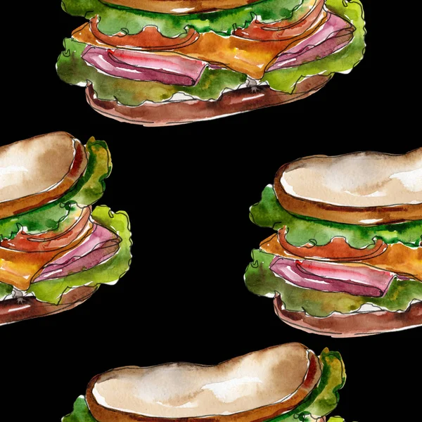 Sandwich in stile acquerello. Elemento illustrativo di fast food ad acquerello. Modello di sfondo senza soluzione di continuità . — Foto Stock