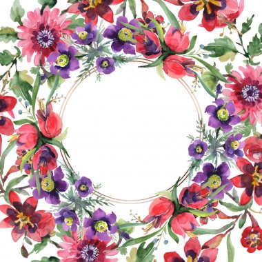 Buketler çiçek botanik çiçekler. Suluboya arka plan illüstrasyon küme. Çerçeve kenarlığı süsleme Meydanı.