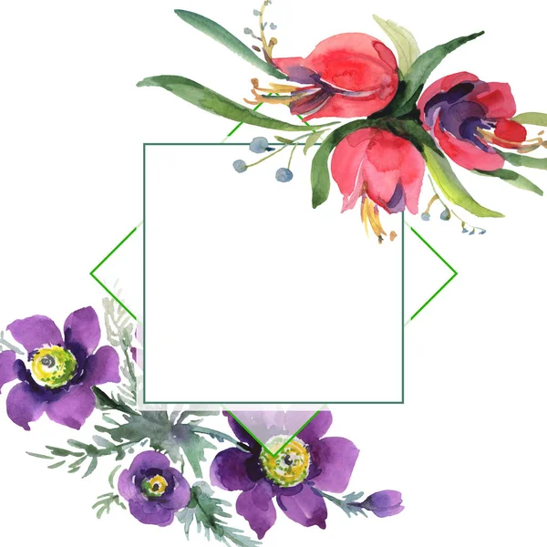 Букети квіткових ботанічних квітів. Набір ілюстрацій для акварельного фону. Каркасна площа прикордонного орнаменту . — стокове фото