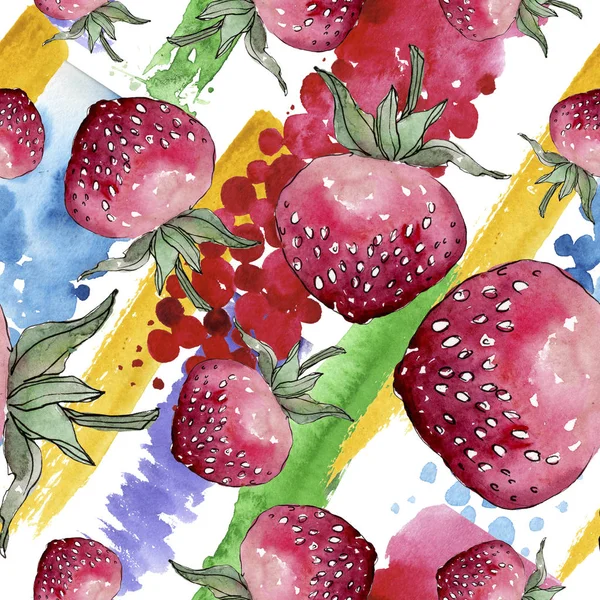 草莓健康食品。水彩背景插图集。无缝背景模式. — 图库照片