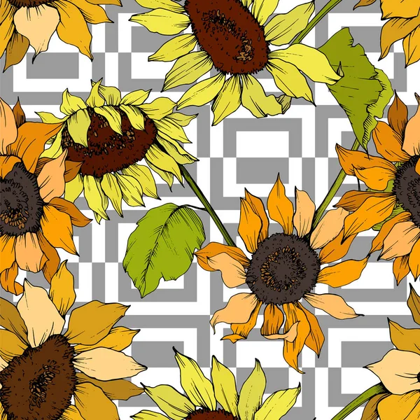 Vector Sunflower floral botanical flower. Yellow and green engraved ink art. Seamless background pattern.