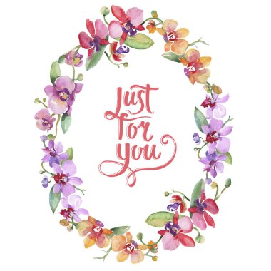 Orkide buketleri çiçek botanik çiçekler. Suluboya arka plan illüstrasyon seti. Çerçeve kenarlık süs karesi.